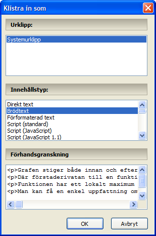 Dialogrutan 'Klistra in som'