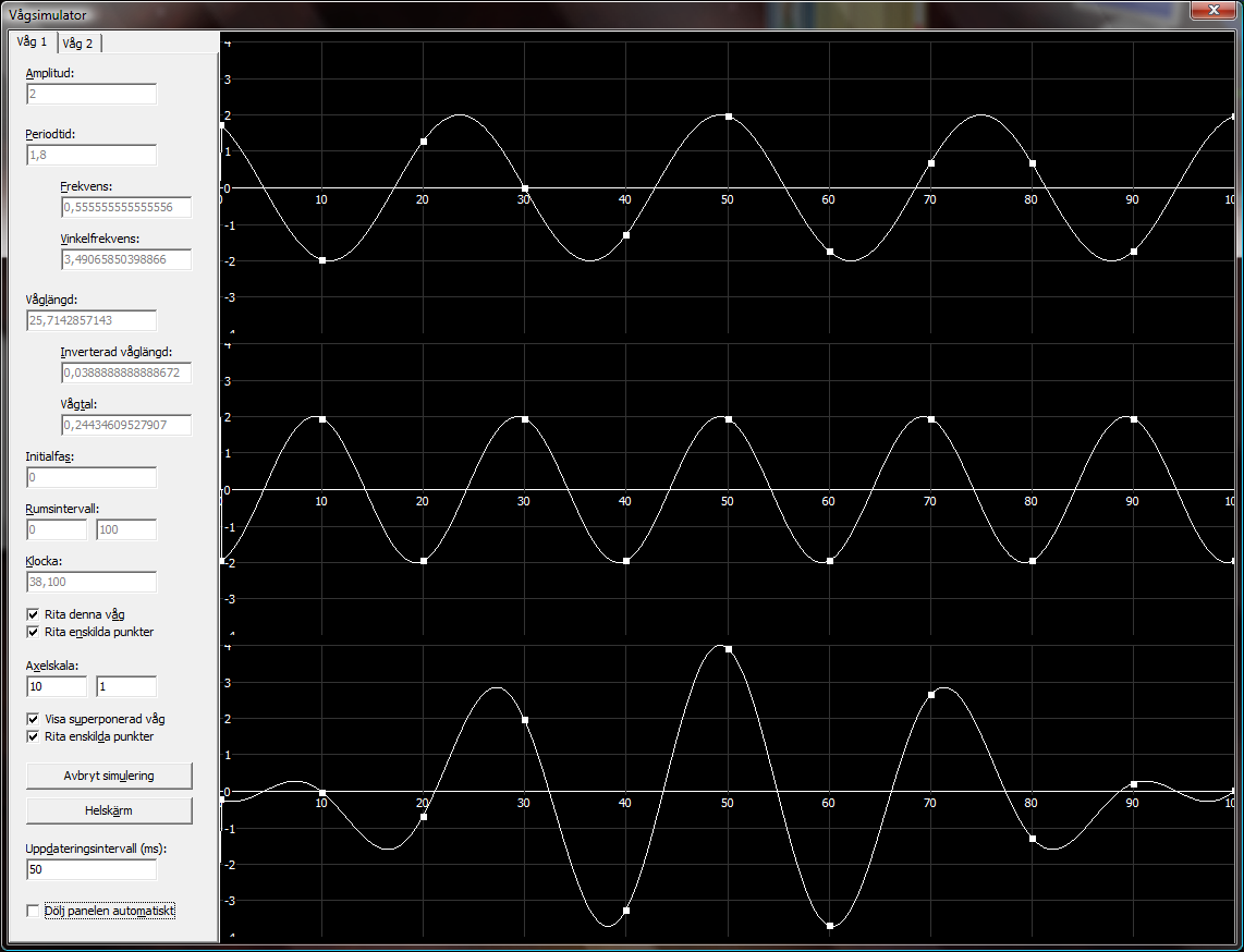 Två transversella vågor interfererar så att svävning uppstår; här syns också programmets inställningspanel
